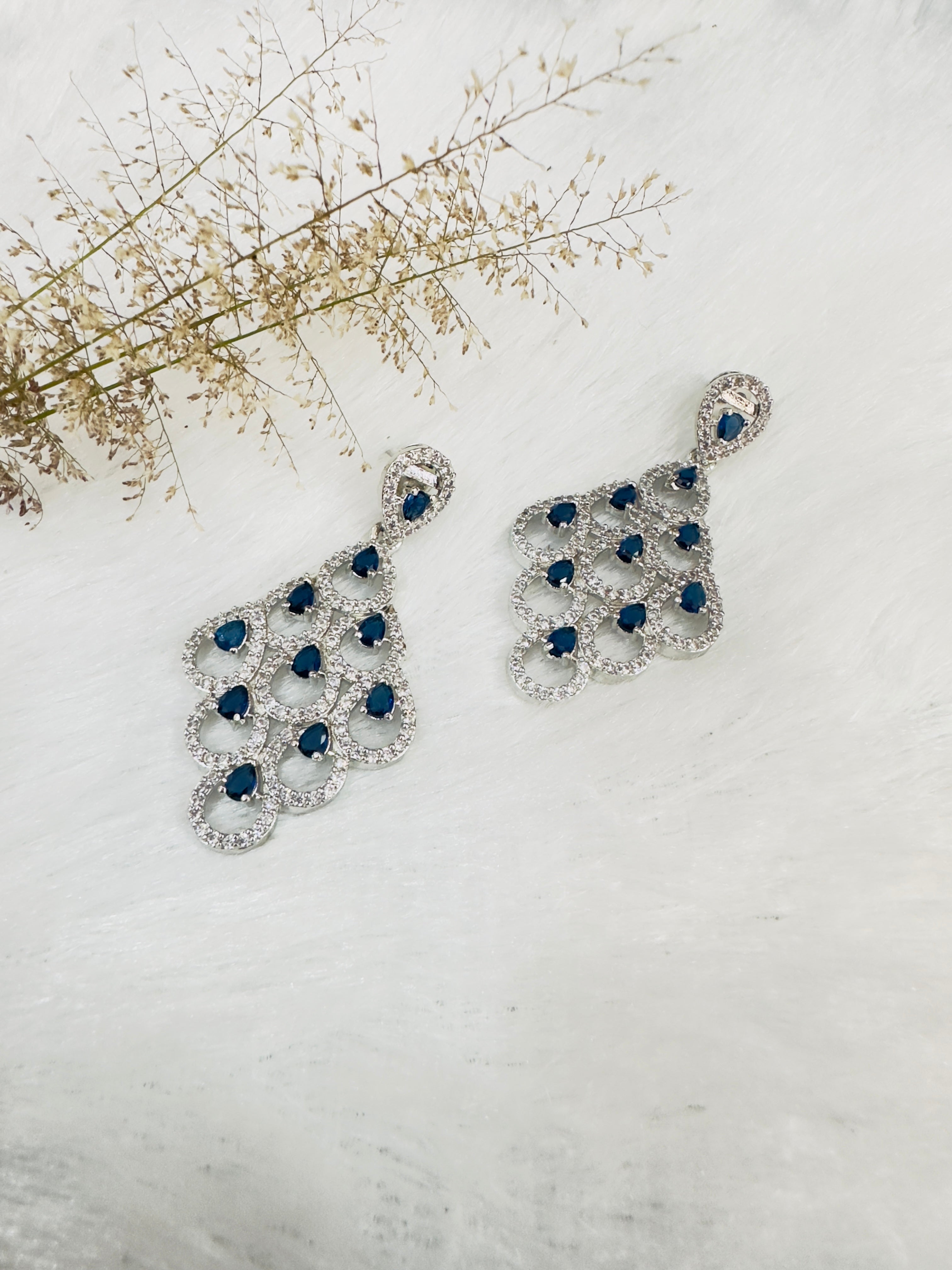 Luxury Teardrop Chandelier Earrings – Silver-Tone with Blue & White Stones – Statement Dangle Earrings for Women