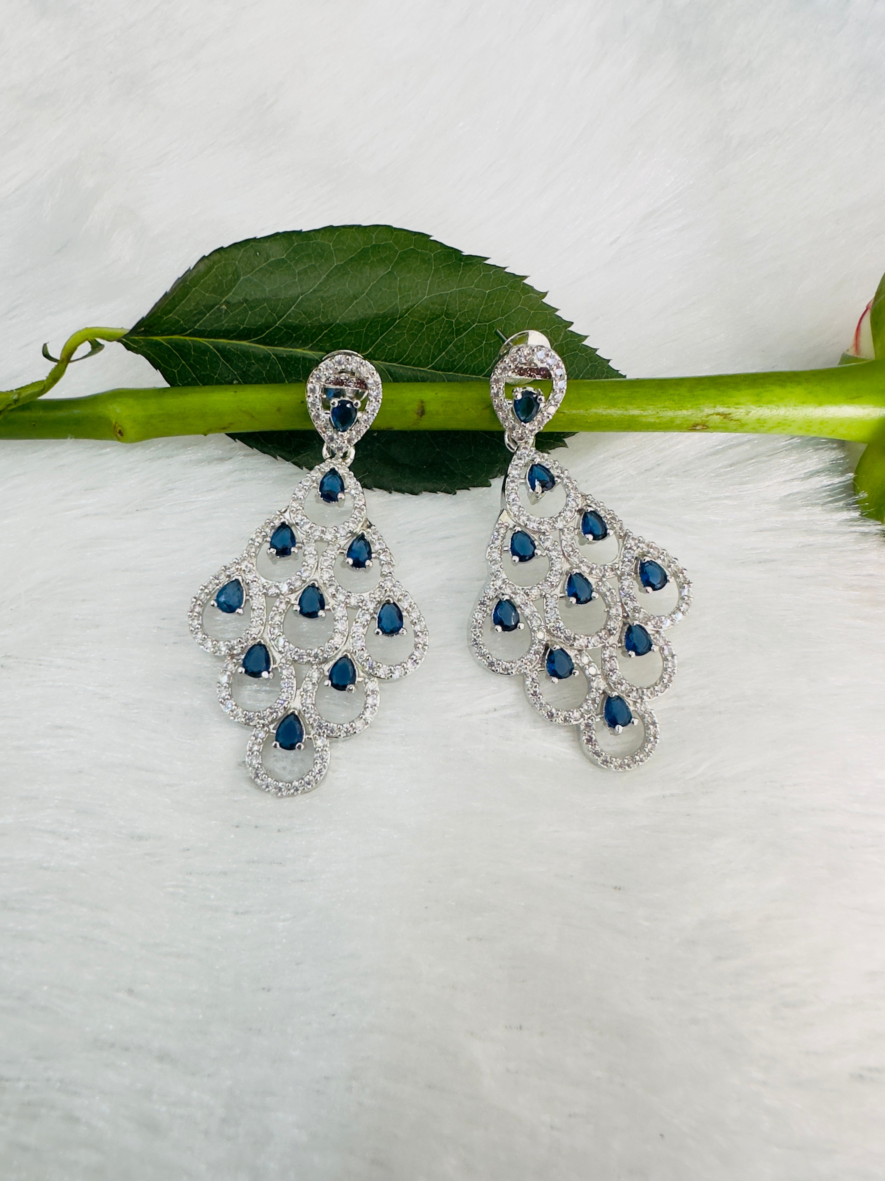Luxury Teardrop Chandelier Earrings – Silver-Tone with Blue & White Stones – Statement Dangle Earrings for Women