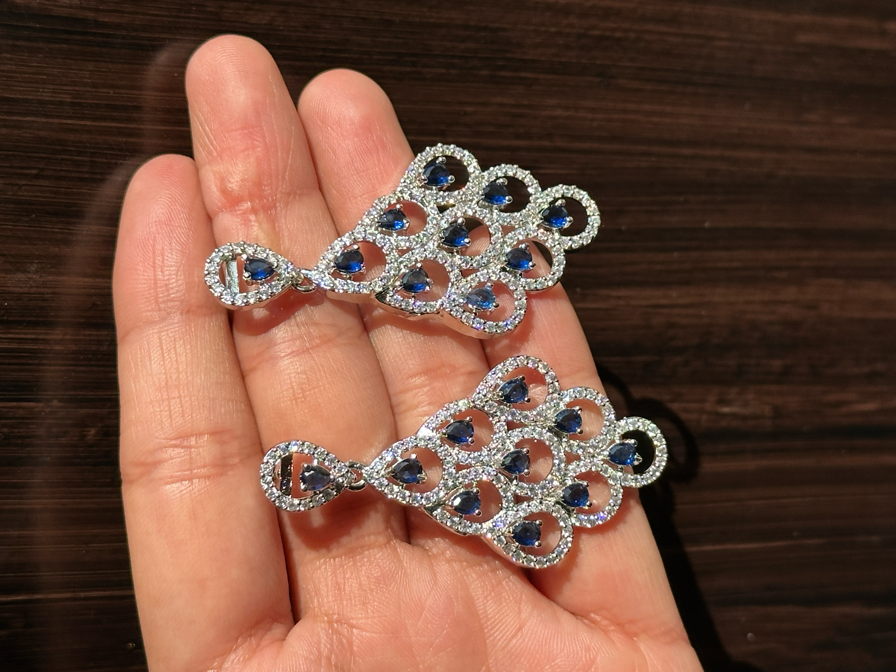 Luxury Teardrop Chandelier Earrings – Silver-Tone with Blue & White Stones – Statement Dangle Earrings for Women