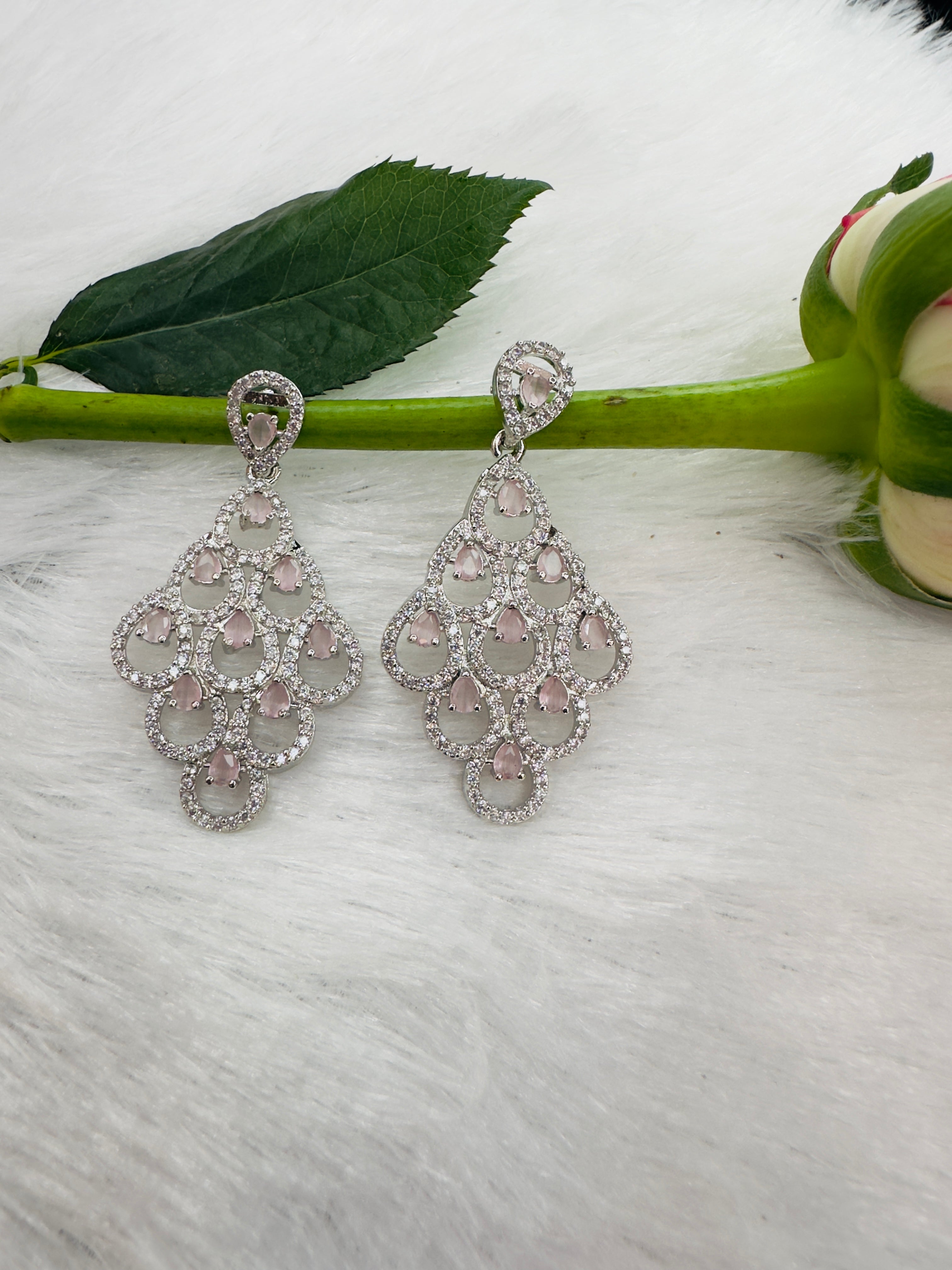 Luxury Pink Teardrop Chandelier Earrings – Silver-Tone Statement Dangle Earrings with Sparkling Stones – Elegant Jewelry for Women
