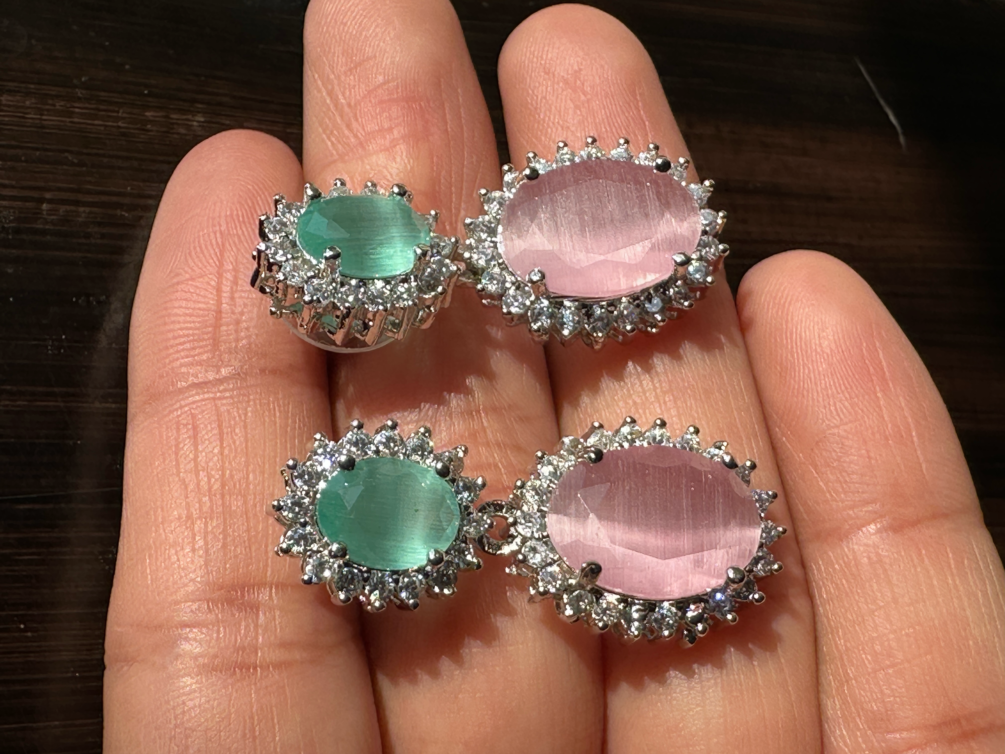 Elegant Dual-Tone Oval Drop Earrings – Green & Pink Gemstone Earrings with Sparkling Halo – Silver-Tone Statement Jewelry for Women – Perfect for Weddings, Parties & Special Occasions