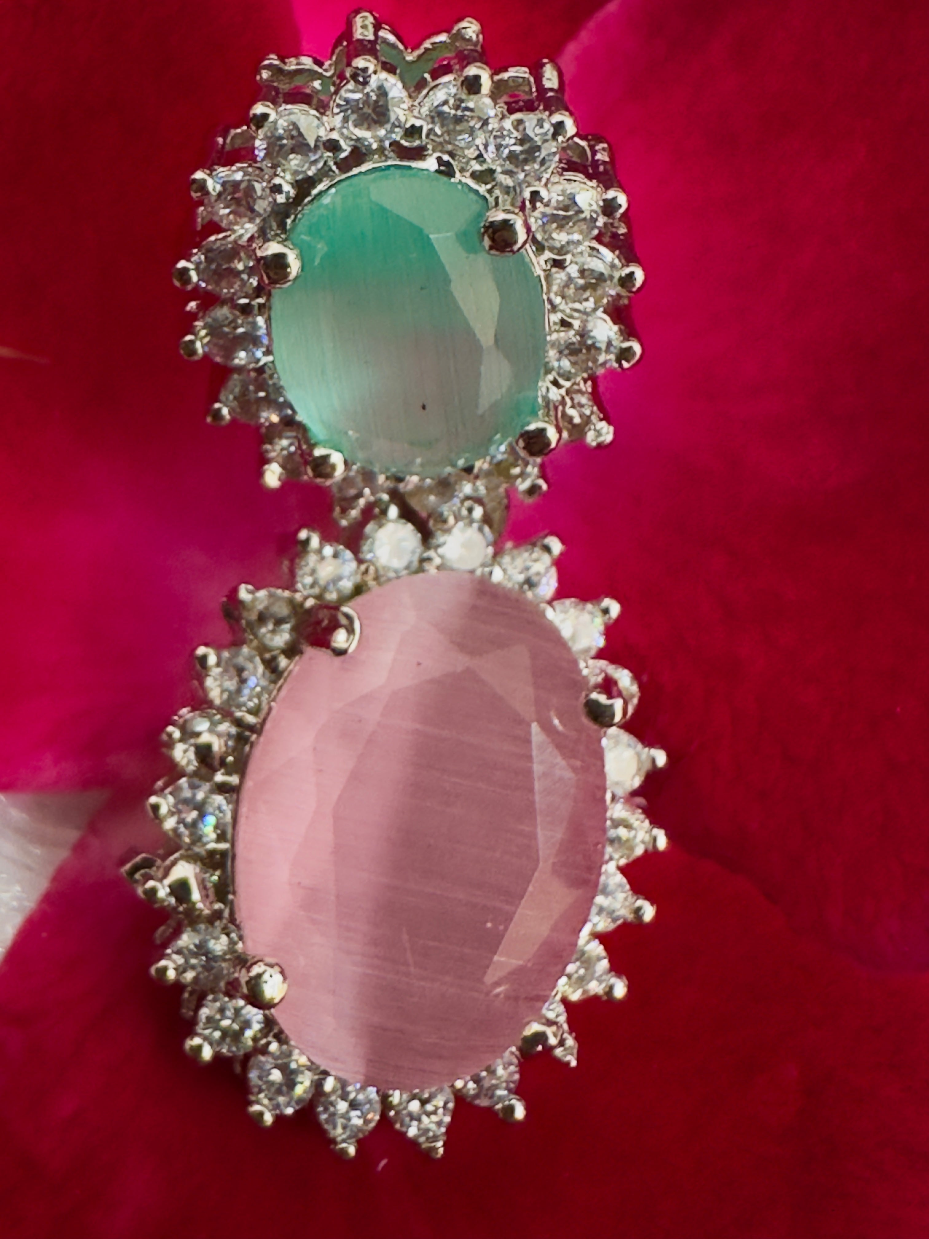 Elegant Dual-Tone Oval Drop Earrings – Green & Pink Gemstone Earrings with Sparkling Halo – Silver-Tone Statement Jewelry for Women – Perfect for Weddings, Parties & Special Occasions
