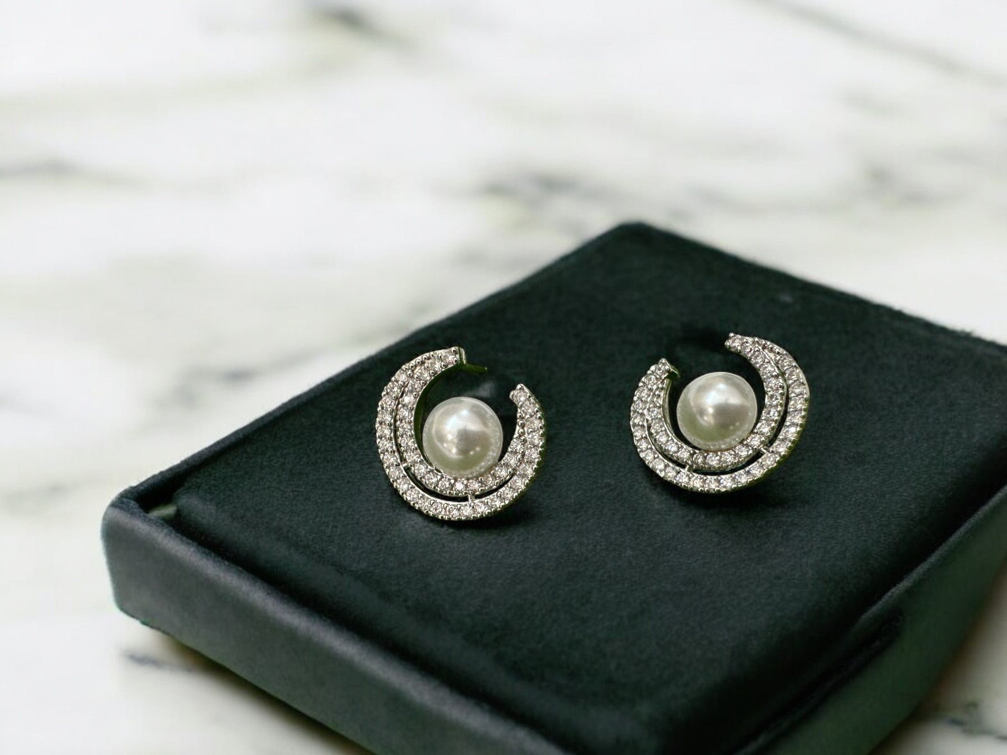 Elegant Pearl & Cubic Zirconia Crescent Moon Stud Earrings – Dainty Silver-Tone Jewelry for Women – Classic & Timeless Accessories for Everyday & Special Occasions