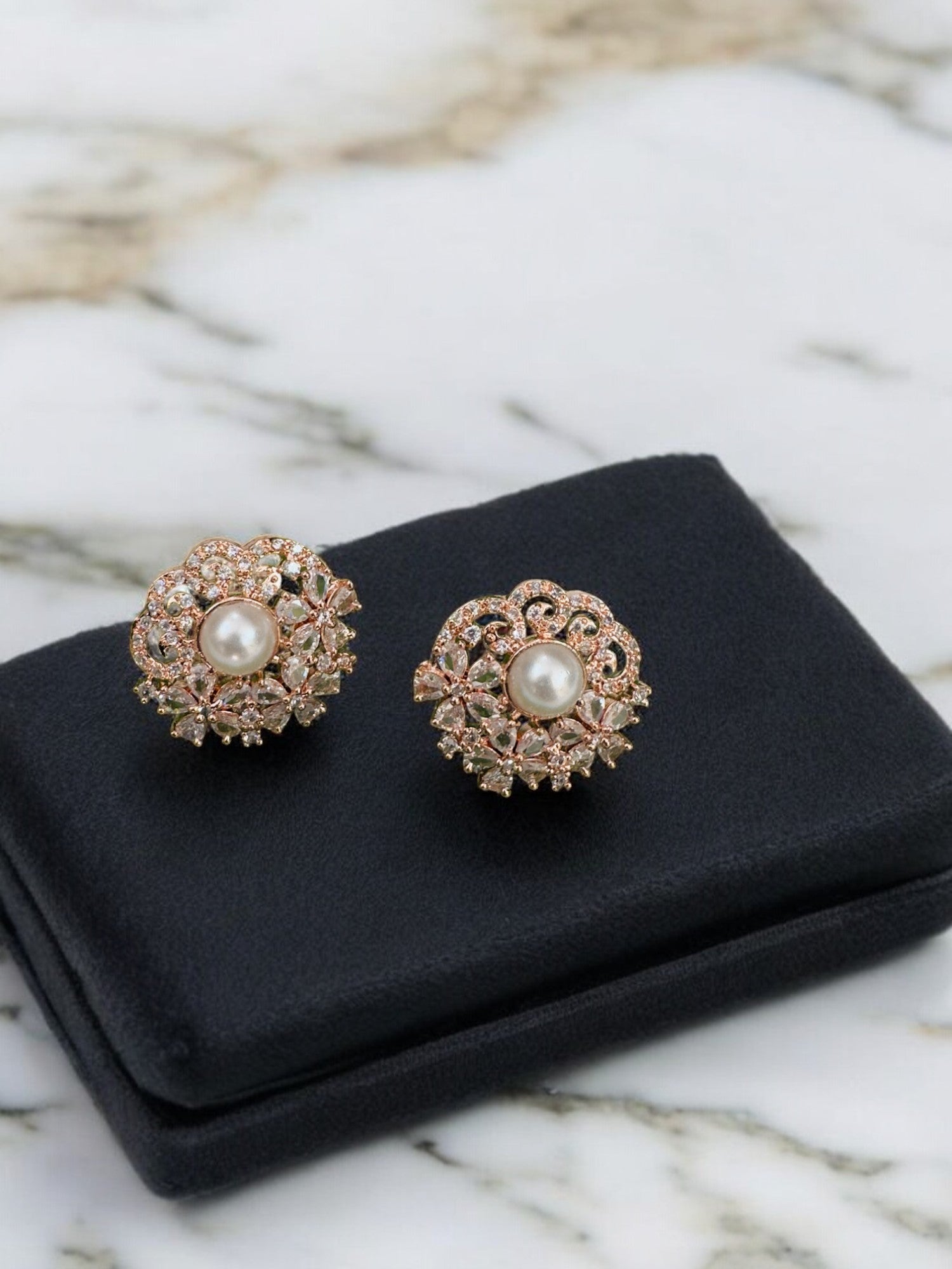 Rose Gold Pearl & Crystal Floral Stud Earrings – Vintage-Inspired Elegant Earrings for Women – Perfect for Weddings, Parties & Special Occasions