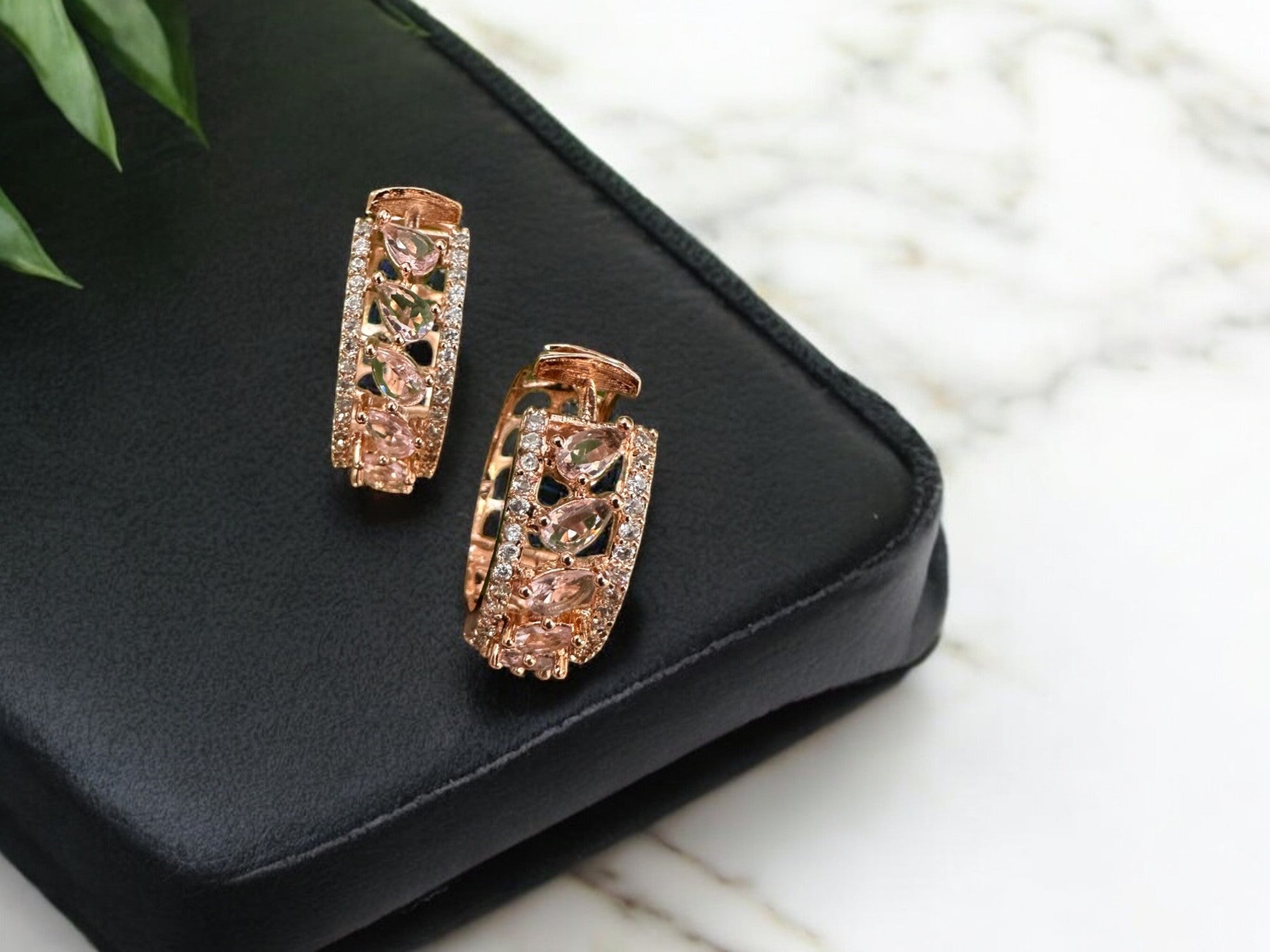 Rose Gold Crystal Hoop Earrings – Elegant Openwork Huggie Hoops for Women – Sparkling Statement Jewelry for Special Occasions