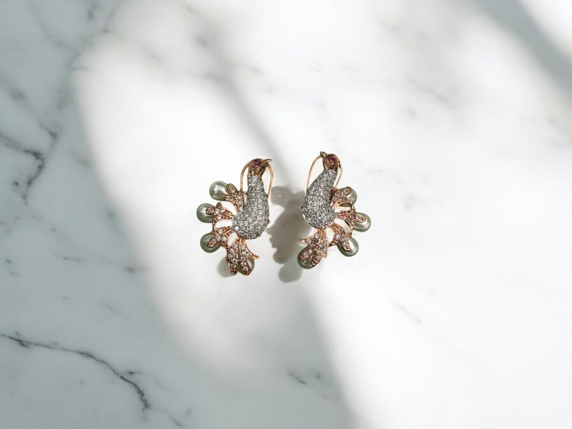 Elegant Peacock Design Earrings with Crystals & Pearl Accents – Gold-Plated Statement Jewelry for Women & Girls