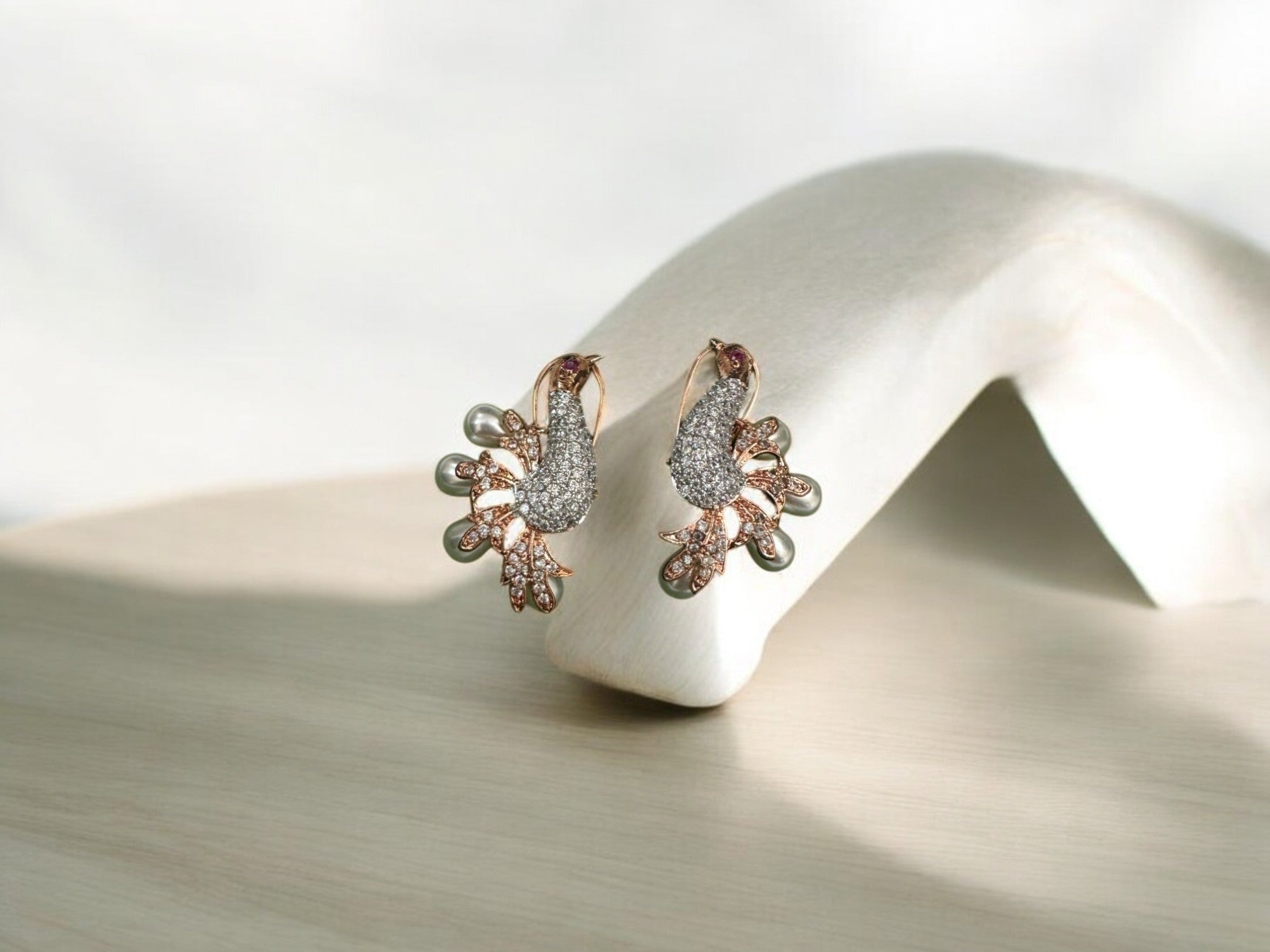 Elegant Peacock Design Earrings with Crystals & Pearl Accents – Gold-Plated Statement Jewelry for Women & Girls