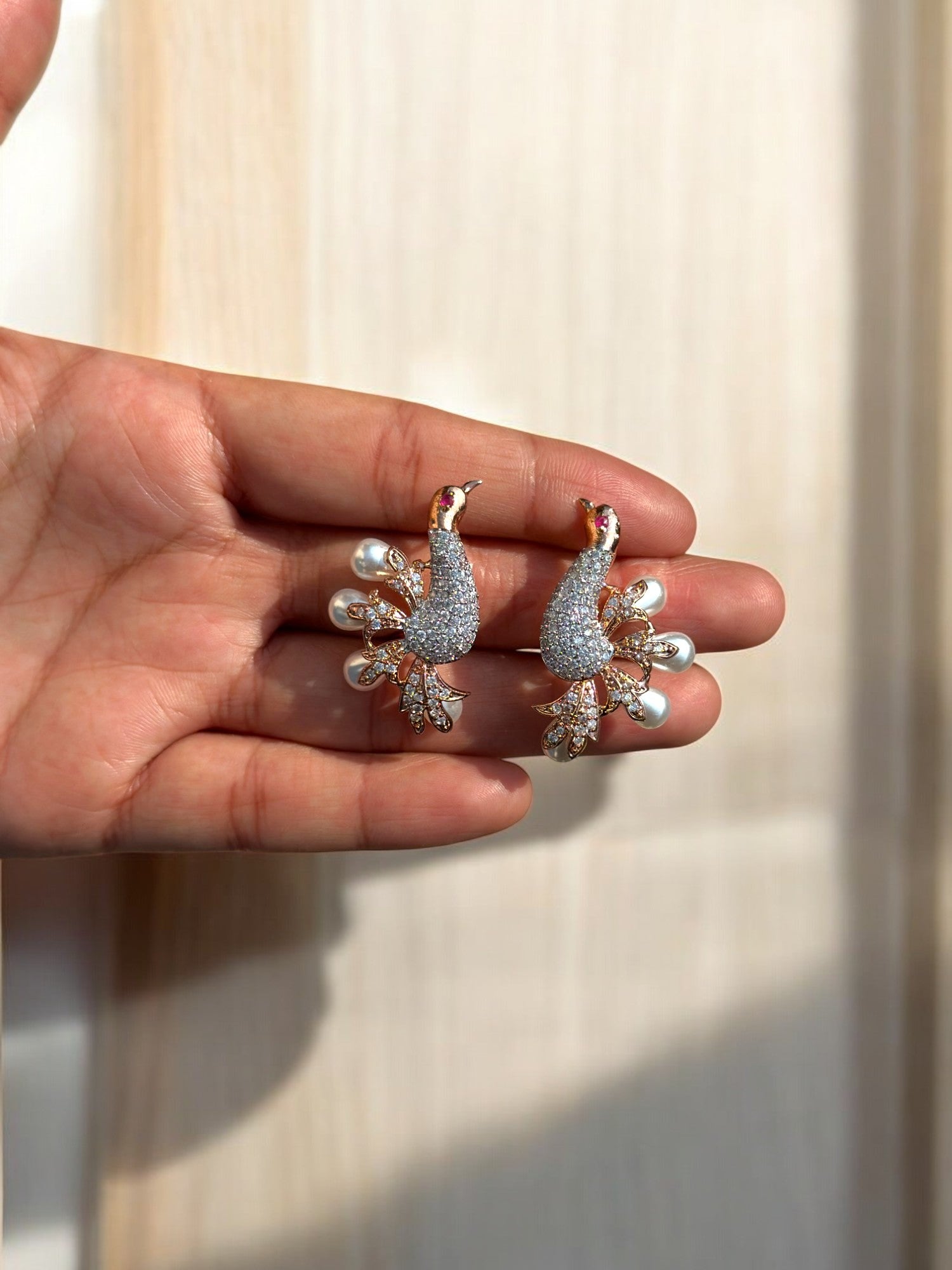 Elegant Peacock Design Earrings with Crystals & Pearl Accents – Gold-Plated Statement Jewelry for Women & Girls